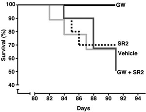 Wykres pokazuje wpływ GW na przeżywalność myszy R6/2. Za każdym razem, gdy mysz umiera, linia opada. Linia 'GW' nie opada nigdy w czasie badania. Pozostałe linie to grupy kontrolne.  