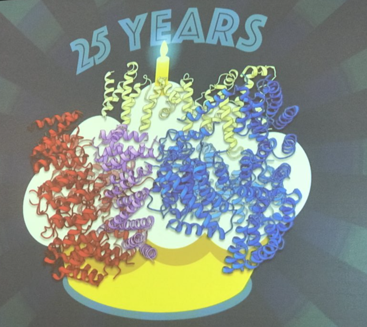 Struktura huntingtyny, przedstawiona przez dr. Kochanka jako tort urodzinowy z okazji 25-lecia odkrycia genu HD  